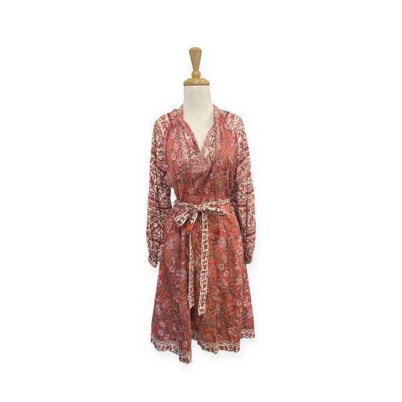 Anokhi Red Belted Midi Dress Size S Small - Picture 1 of 7